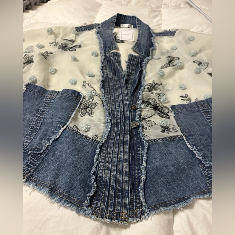 Adore Blue Embroidered Mixed Media Jean Jacket - NWT - Size M oversized - Picture 5 of 14